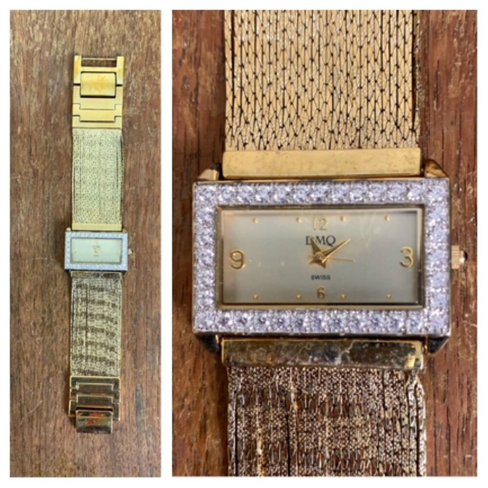 Vintage 80s 90s DMQ gold tone multi strand chain rhinestone‎ face analog watch